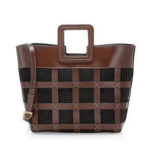 STAUD Shirley Mini Raffia Tote & Crossbody in Mahogany Leather—NWT